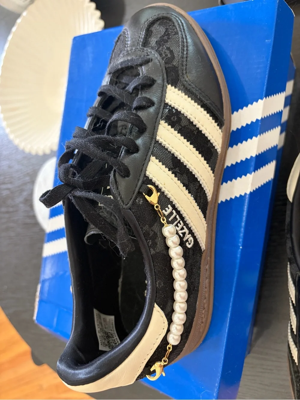 adidas Gazelle Black and Cream Lace-Up Sneakers with Pearl Accent
